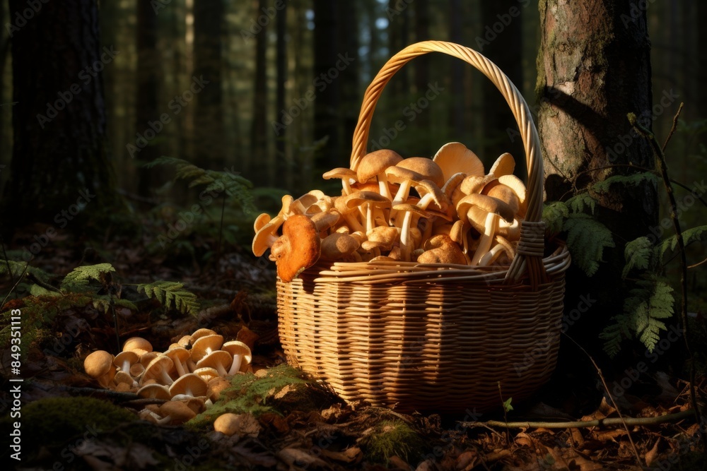 Basket of Freshly Picked Mushrooms in the Forest Basket of Freshly Picked Mushrooms in the Forest