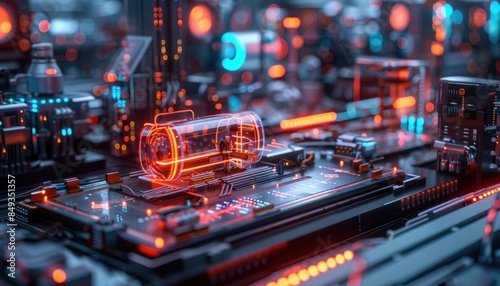Futuristic circuit board with glowing blue and orange lights, showcasing advanced technology and modern engineering.