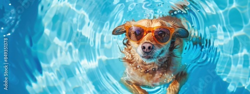 Cute and funny dog wearing sunglasses, joyfully floating in a swimming pool. This image evokes the spirit of summer vacation and holiday fun, suggesting a playful pet enjoying a refreshing dip in the 