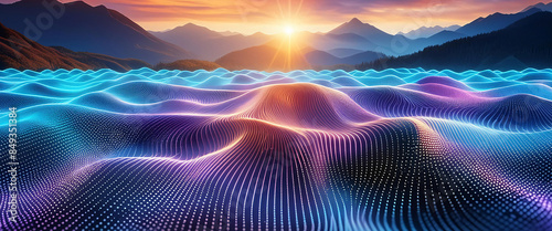 光 フラクタル 波 山カーブ 線 朝日 山 背景画像 Generative AI photo