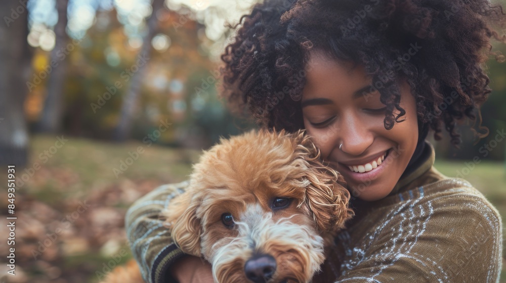 Curly-Haired Woman Embracing Her Adorable Dog in Autumn Park Curly-Haired Woman Embracing Her Adorable Dog in Autumn Park