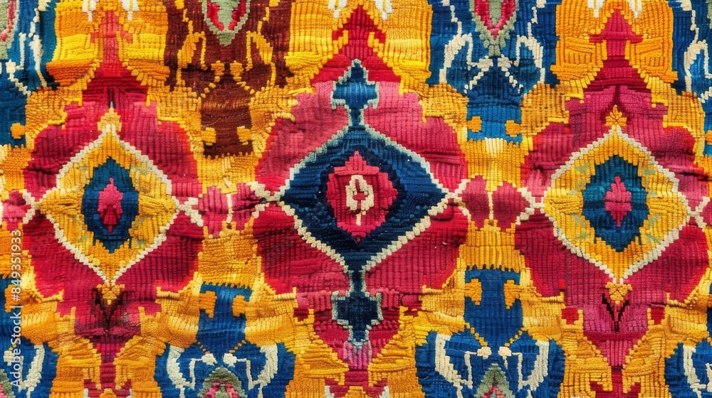 Close-up of colorful geometric patterned fabric with traditional motifs. Close-up of colorful geometric patterned fabric with traditional motifs.