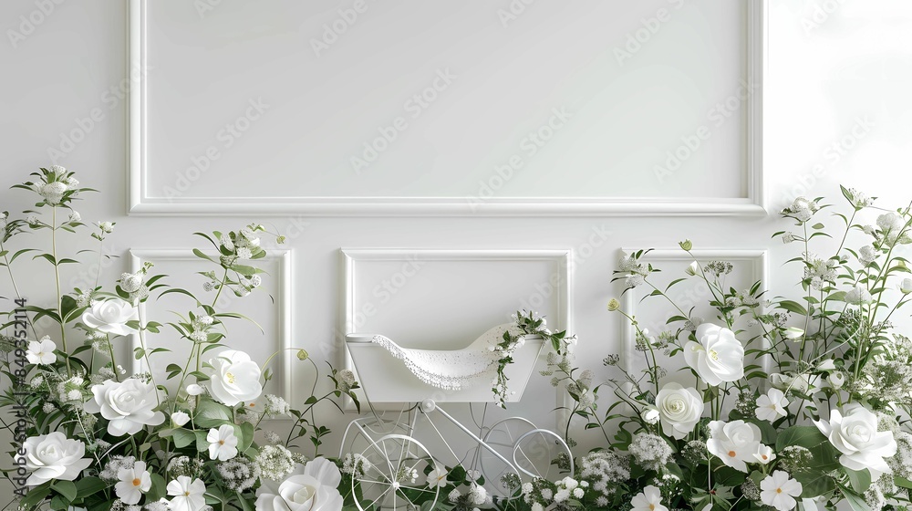 A white wall, cream, green and white flowers, baby carriage, white plain background, Generative AI illustrations. A white wall, cream, green and white flowers, baby carriage, white plain background, Generative AI illustrations.