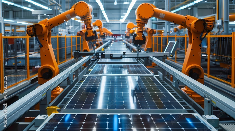A wide shot of solar panel production line with robot arms a solar panels are being assembled on conveyor, Generative AI illustrations. A wide shot of solar panel production line with robot arms a solar panels are being assembled on conveyor, Generative AI illustrations.