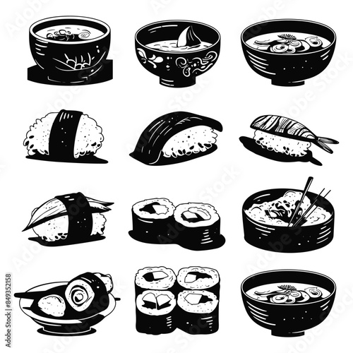 Vector illustration of sketch hand drawn set of sushi menu Japanese Chinese Korean asian food