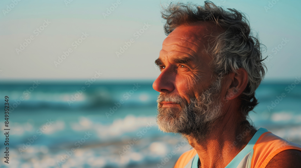 A man with a beard and gray hair is sitting on the beach, looking out at the ocean A man with a beard and gray hair is sitting on the beach, looking out at the ocean