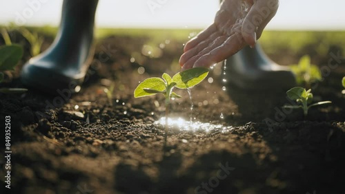 Farmer watering small green plant in agricultural fields, closeup of hand. Farmworker feet in rubber boots standing on fertile soil, growing plants carefully, save ecology, environment protection