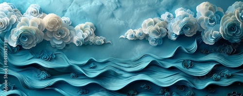Surreal 3D embossed pattern with turquoise waves and mountains in the background © Fat Bee