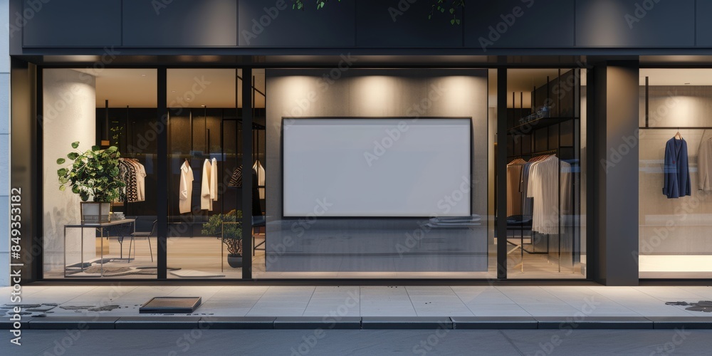 Display window of a clothing boutique shop, complete with a blank, clean signboard mockup. promoting sale seasons, inviting passersby to explore the latest trends and styles Display window of a clothing boutique shop, complete with a blank, clean signboard mockup. promoting sale seasons, inviting passersby to explore the latest trends and styles