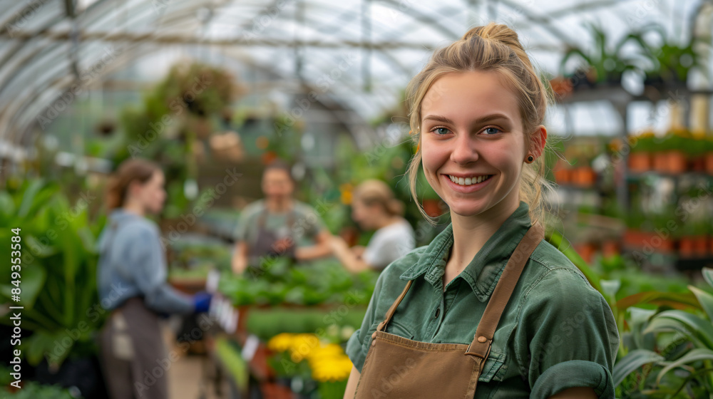 Young woman gardener with apron smiling at camera in a plant nursery Young woman gardener with apron smiling at camera in a plant nursery