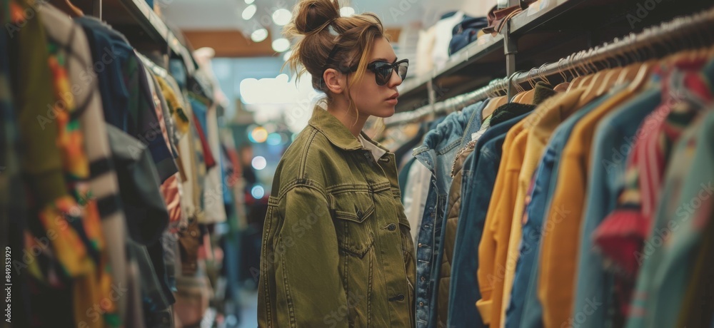 Fashionable shopper browsing through racks of clothes in a trendy boutique, banner Fashionable shopper browsing through racks of clothes in a trendy boutique, banner