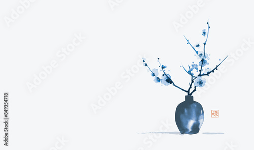 Blue ink painting with sakura cherry blossom in vase on white. Traditional oriental ink painting sumi-e, u-sin, go-hua. Hieroglyph - well-being