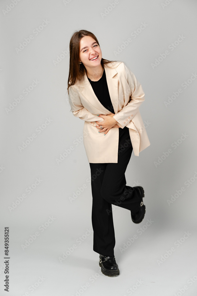 Woman in Black Pants and White Jacket Laughing Woman in Black Pants and White Jacket Laughing