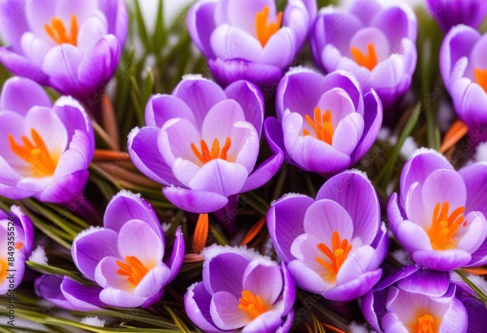 Fototapeta premium A close-up of violet crocus flowers blooming in the snow