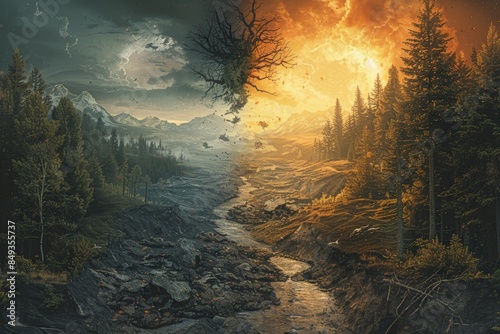 Digital artwork showing split landscape with forest and mountains on one side and fiery, barren land on other. A tree floats in middle representing environmental dichotomy, photo