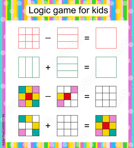 Logic game for kids. Find and draw the missing parts. Children activity page. Worksheet.