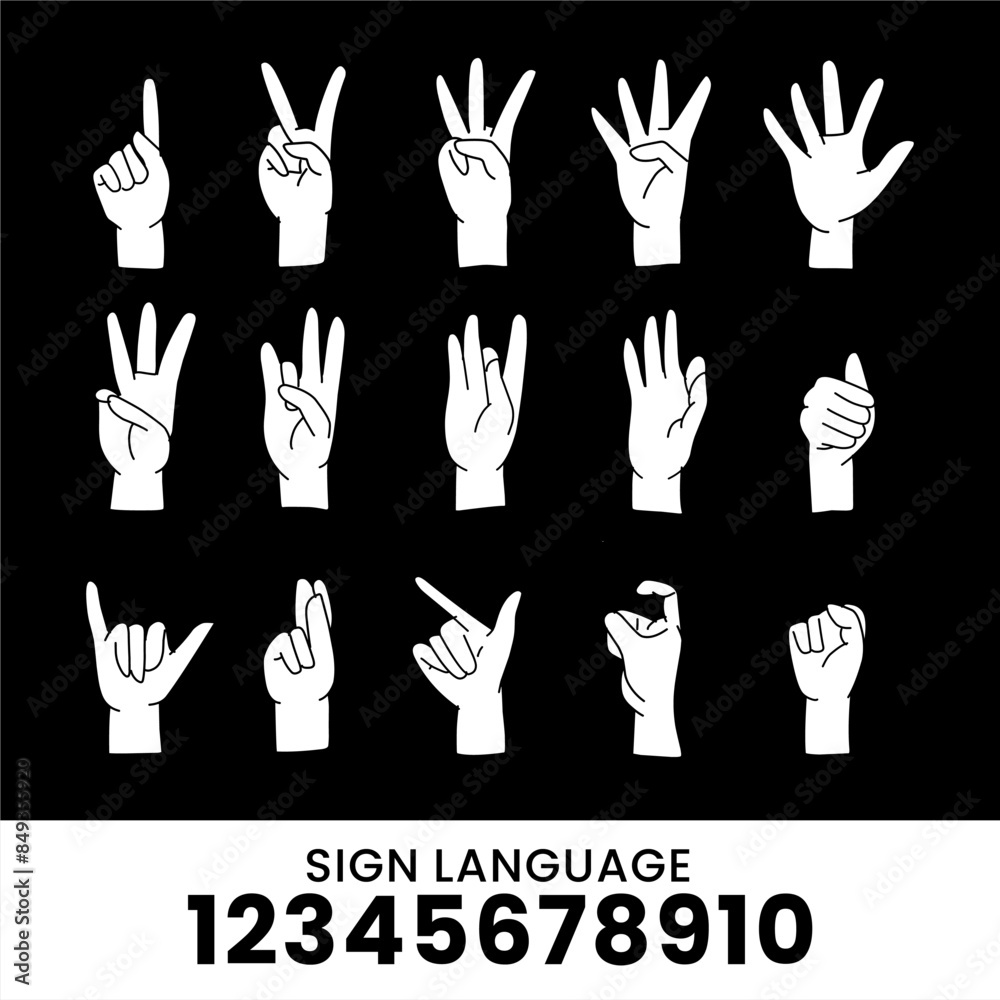 Fototapeta premium sibi sign language alphabet collection 12345678910, communication tool for the disabled and deaf