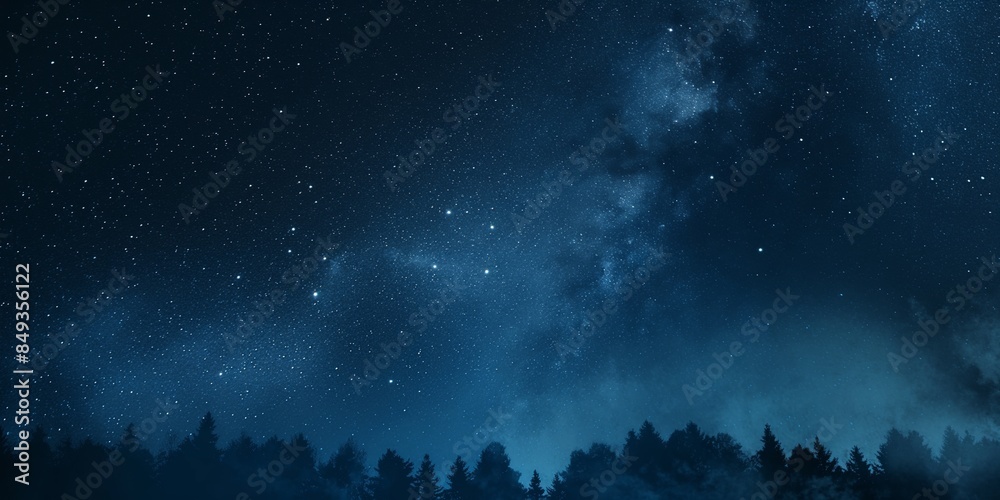 Obraz premium A stunning nightscape showing a starry sky above the dark silhouette of a woodland area