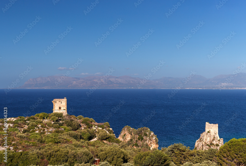 The Tonnara tower and the Doria tower of Scopello, Sicily. Italy. The Tonnara tower and the Doria tower of Scopello, Sicily. Italy.