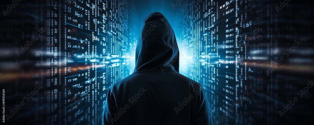 Hooded figure standing in front of a digital background with matrix ...