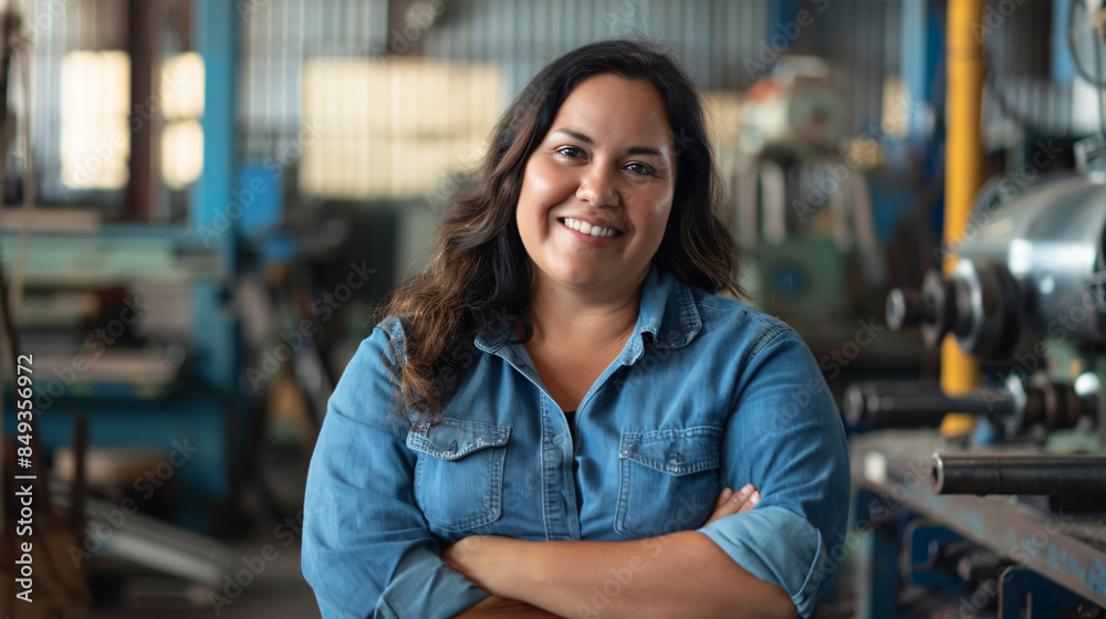 Confident woman in casual attire smiles while posing in an industrial workshop setting Confident woman in casual attire smiles while posing in an industrial workshop setting