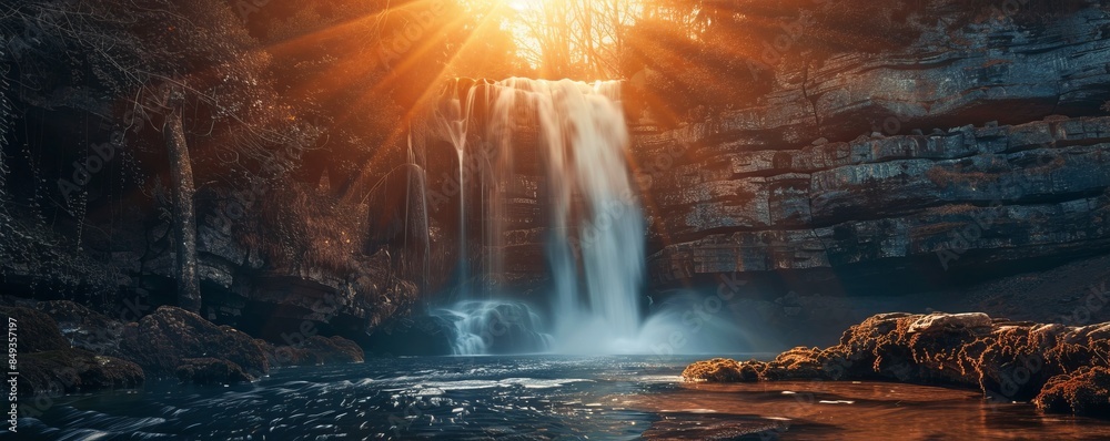 Powerful waterfall illuminated by the warm glow of the setting sun, 4K hyperrealistic photo Powerful waterfall illuminated by the warm glow of the setting sun, 4K hyperrealistic photo