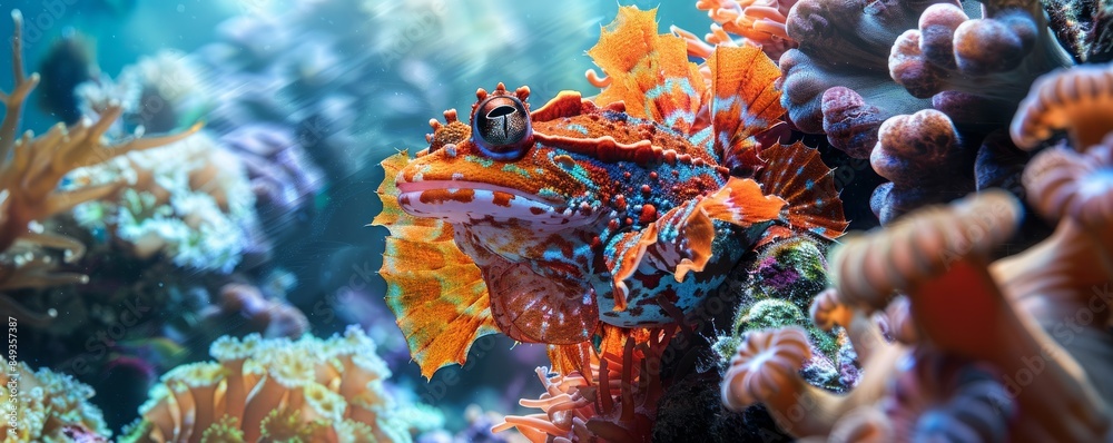 Obraz premium Vibrant frogfish camouflaged among coral, 4K hyperrealistic photo