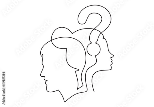 Silhouette of man and woman head with question mark, symbolizing psychological processes of understanding.