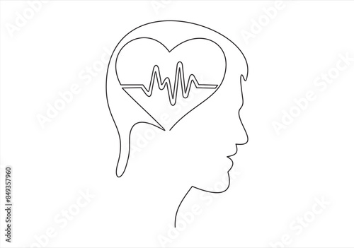 One line icon thinking with heart concept.Vector minimal continuous line logo design. Human head, face profile illustration.