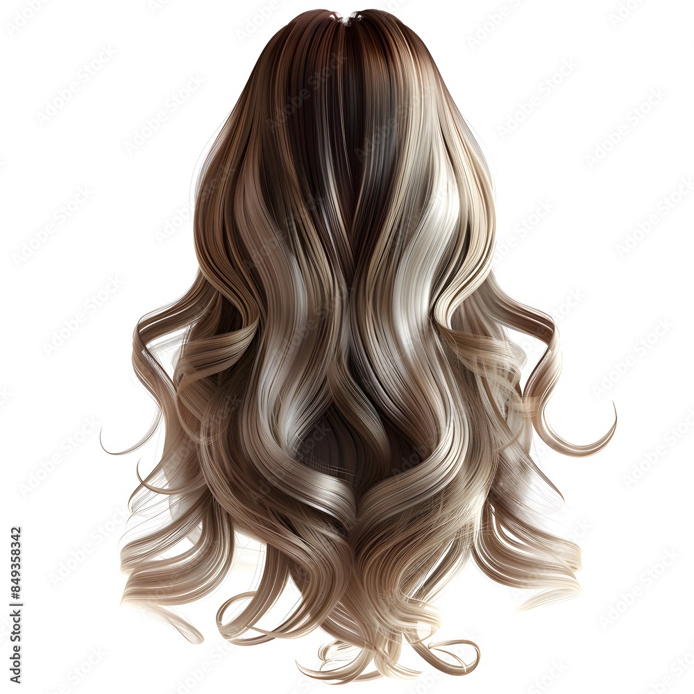 Curly hair wig with trendy highlights, beauty element, 3D rendering, ombre blonde, isolated on white background