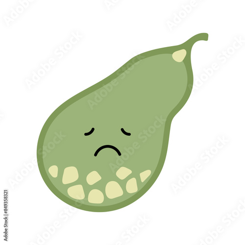 Gallbladder sick with stones, sad character. Cholecystitis, gallstone disease. Vector flat illustration
