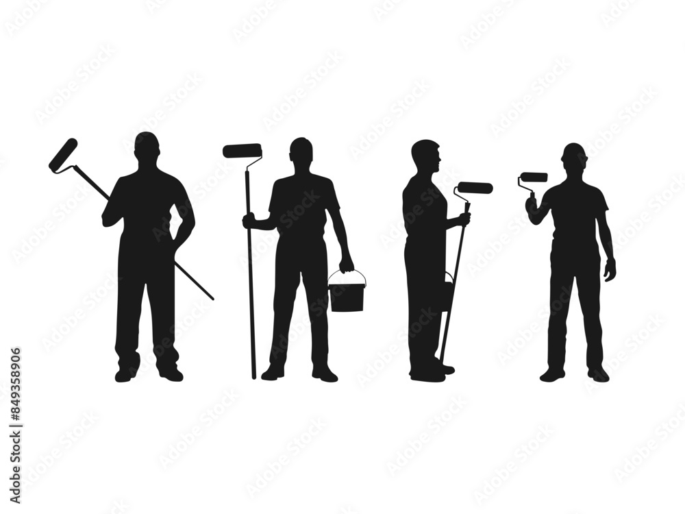 Worker using the paint roller. Set of paint roller silhouettes. Vector illustration Worker using the paint roller. Set of paint roller silhouettes. Vector illustration