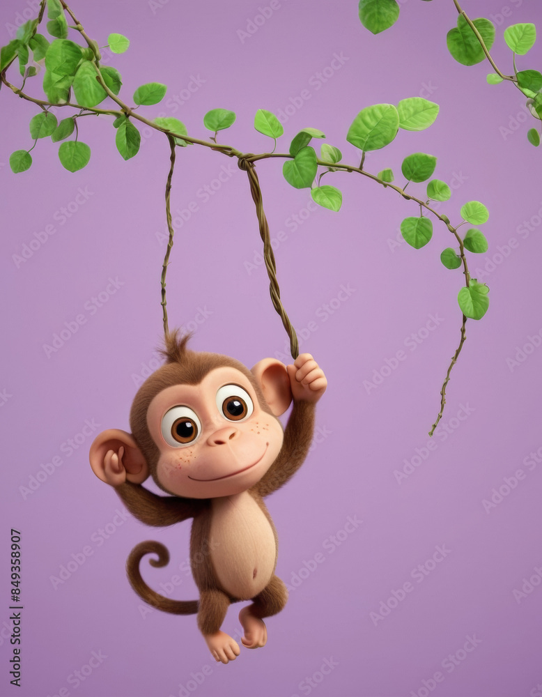 Fototapeta premium A 3D cartoon monkey hanging from a vine on a light purple background.