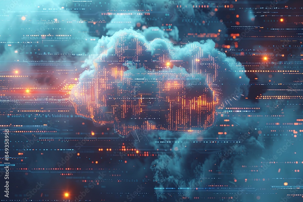 Fototapeta premium Abstract representation of cloud computing with digital elements representing data processing and AI operations within a cloud. Generative AI