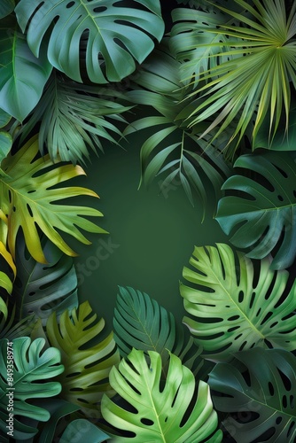 Wallpaper Mural Green tropical leaves, foliage plant in green flat color background. Paper cut style. Space for text. Generative AI. Torontodigital.ca