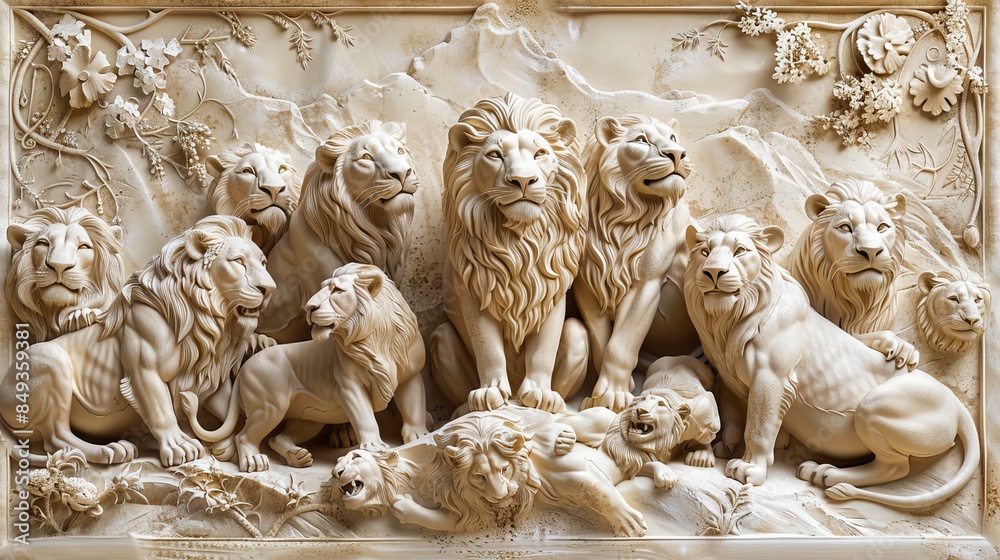 Beautiful lions 3d relief wallpaper. Mural wallpaper. Wall art. AI generated illustration. Beautiful lions 3d relief wallpaper. Mural wallpaper. Wall art. AI generated illustration.
