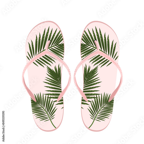 A pair of beach shoes with tropical leaves print on a white background.Vector illustration of pink flip flops for summer,resort designs.