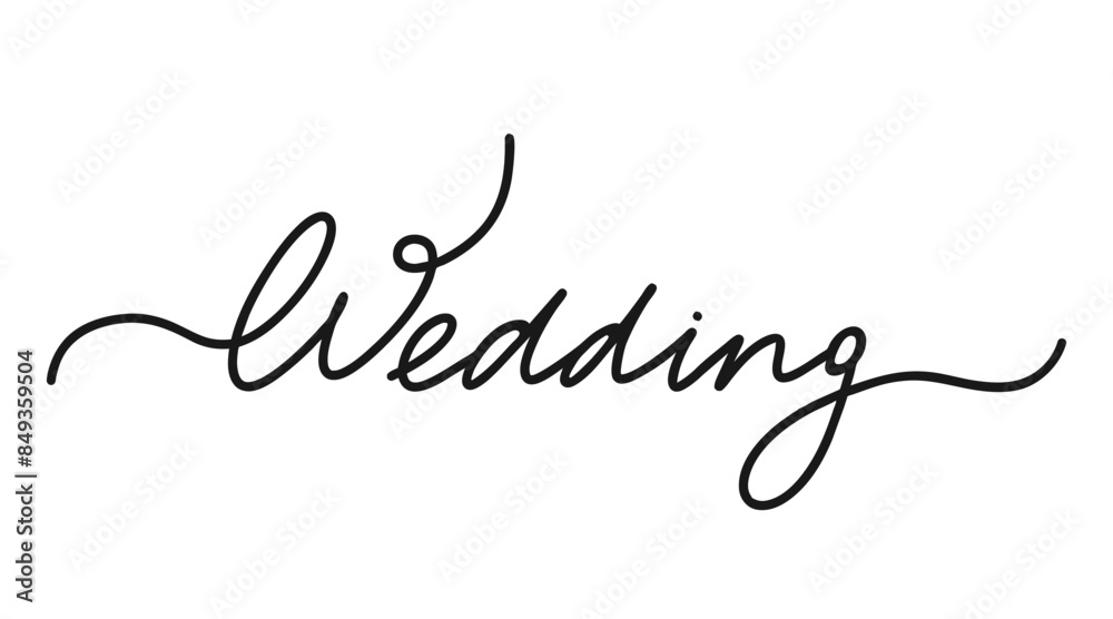 Wedding, black hand drawn one continuous line word. Holiday, happy event. Single outline. Vector illustration