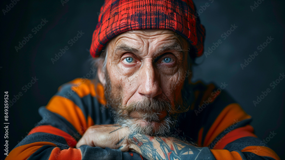 A close-up portrait of an older man with a red plaid hat and orange and blue striped sweater. His piercing blue eyes and weathered face convey a lifetime of experiences A close-up portrait of an older man with a red plaid hat and orange and blue striped sweater. His piercing blue eyes and weathered face convey a lifetime of experiences