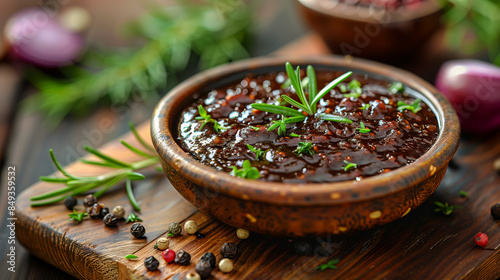 A close-up of a wooden bowl filled with homemade barbecue sauce, garnished with rosemary and peppercorns