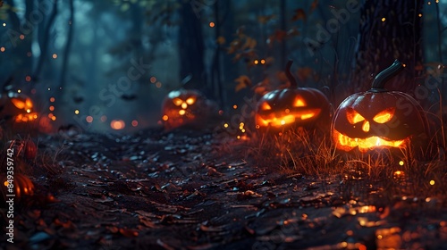 A path through a forest is lit up with many orange pumpkins. Scene is spooky and festive, as the pumpkins are lit up and create a warm, inviting atmosphere © Jrgn89