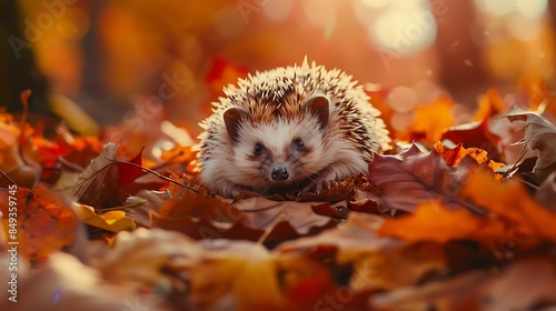 A cute hedgehog curled up in a ball among autumn leaves, with rich, warm colors surrounding it. © Haider