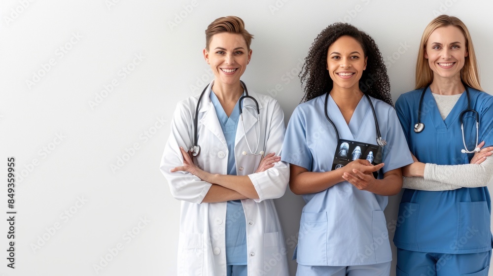Fototapeta premium Three female healthcare professionals, including a Caucasian doctor, a Black nurse, and another Caucasian nurse, smiling in a hospital setting.