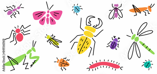 Vector collection of hand-drawn insects in the style of doodles