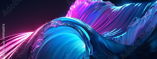 Abstract neon blue and purple wavy shapes futuristic background. Liquid fluid wavy retro banner