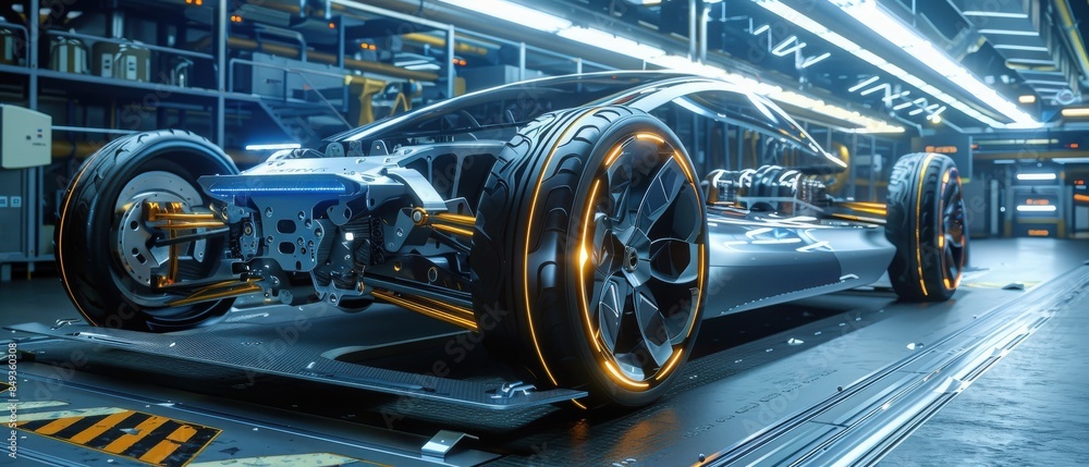 Fototapeta premium Futuristic electric sport car chassis and high-performance battery concepts in a wide banner, Embrace the excitement of cutting-edge automotive technology and eco-friendly innovation