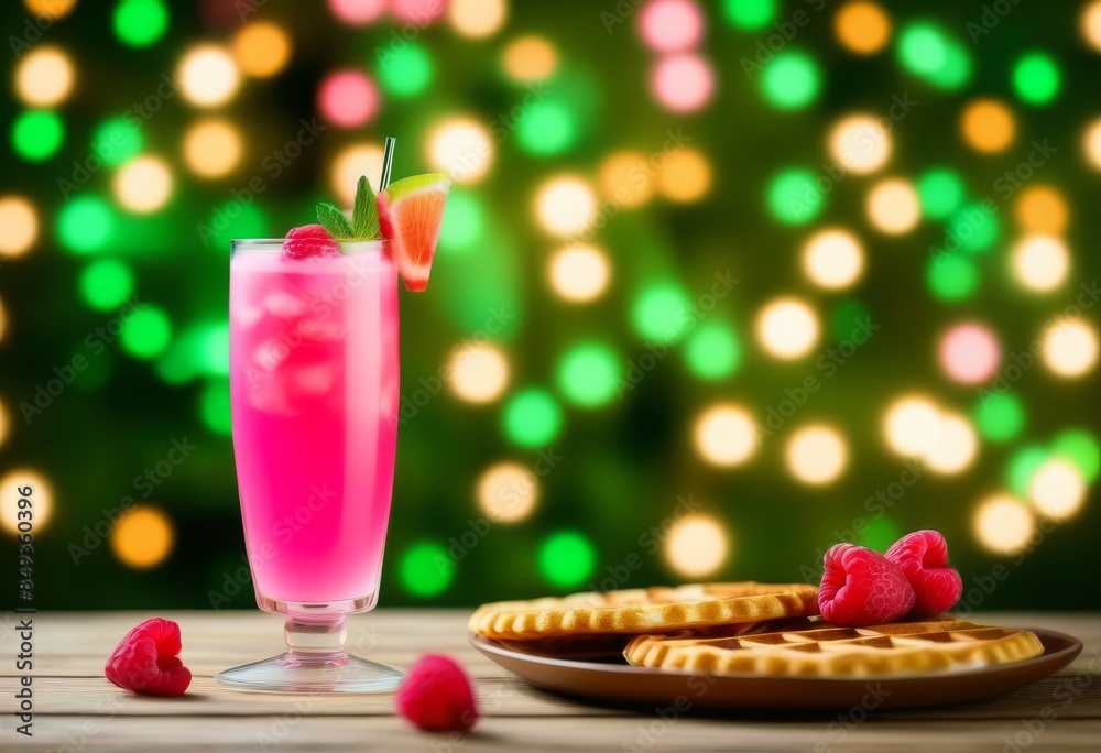 A glass filled with a pink cocktail and a plate of waffles on a green background with bokeh lights A glass filled with a pink cocktail and a plate of waffles on a green background with bokeh lights