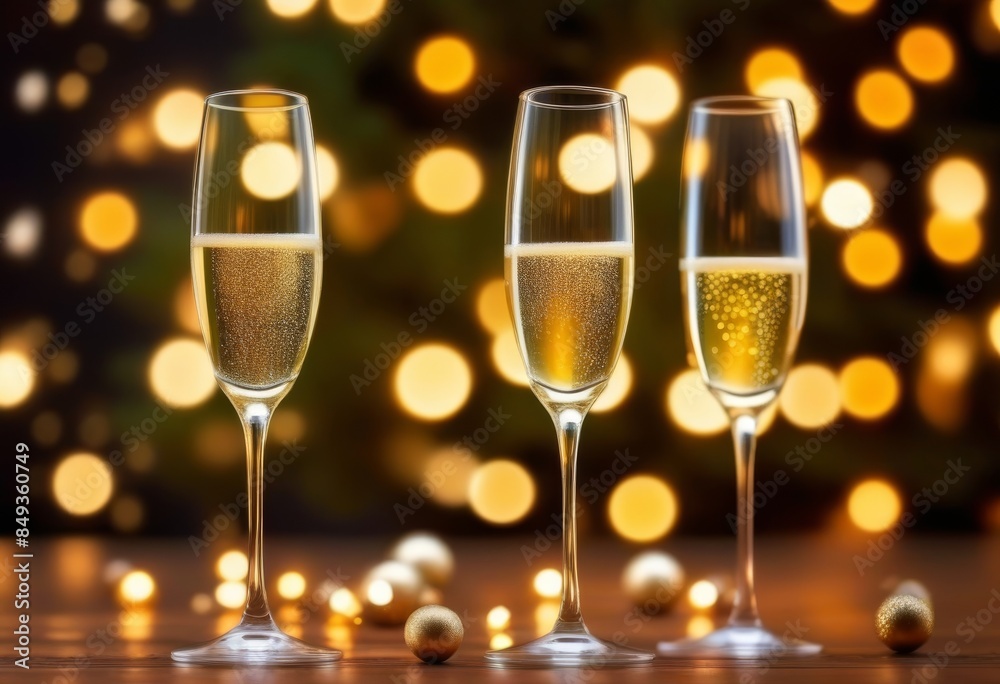 Champagne glasses filled with sparkling wine on a festive background with bokeh lights Champagne glasses filled with sparkling wine on a festive background with bokeh lights