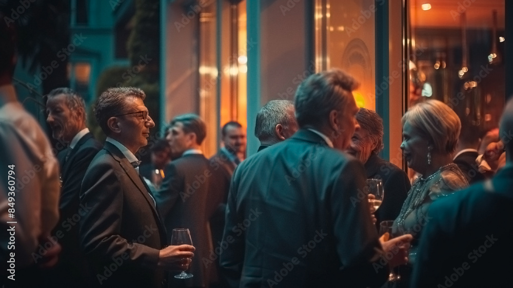 Fototapeta premium A group of people are standing outside a building, some of them are drinking wine, scene is social and relaxed
