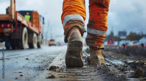 A seasoned road construction engineer,firmly secured, meticulously inspects the progress of expressway construction site, carefully traversing the terrain on foot to assess the quality and adherence  © Sittipol 